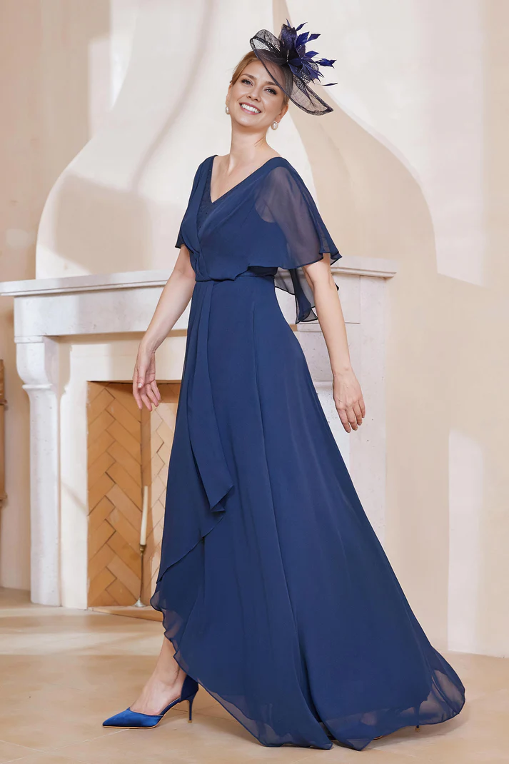 DingJiDress November December Autumn Winter Wedding Guest Dress V-neck Flutter Sleeves Chiffon Long Dress Mother of the Groom / Bride Dresses