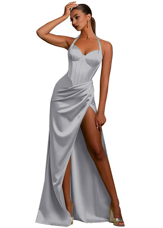 DingJiDress Prom Dresses Mermaid Halter Evening Party Dresses Ruched Formal Gown Side Fork Formal Wear Dresses Wedding Guest Dresses