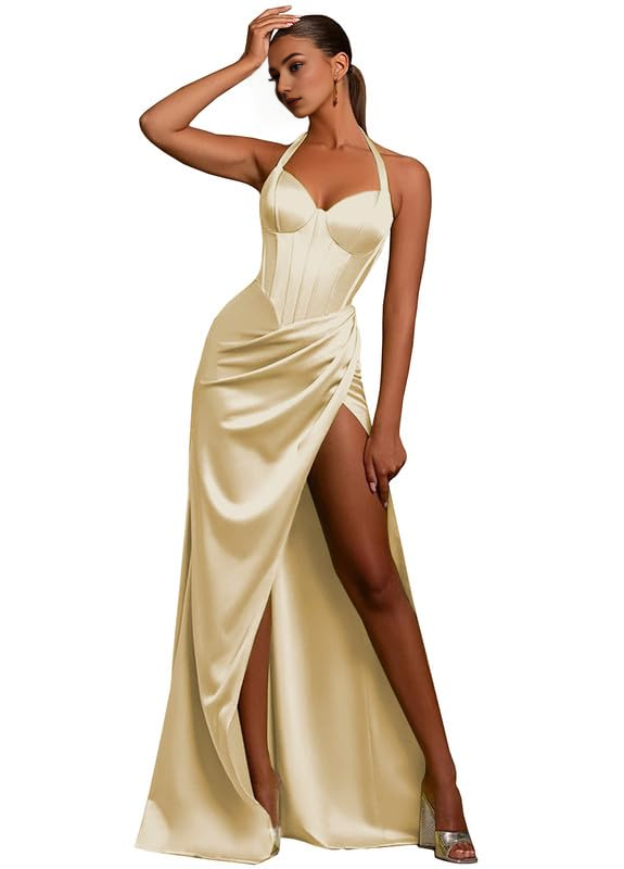 DingJiDress Prom Dresses Mermaid Halter Evening Party Dresses Ruched Formal Gown Side Fork Formal Wear Dresses Wedding Guest Dresses
