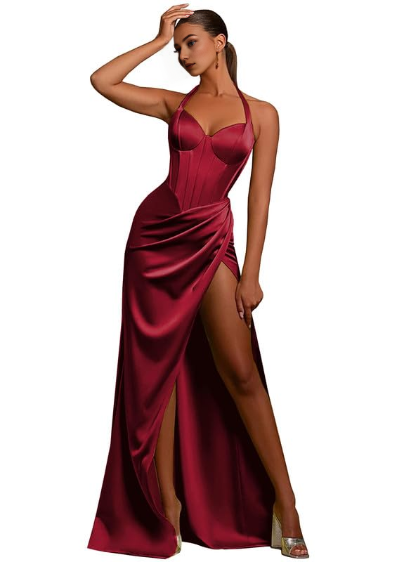 DingJiDress Prom Dresses Mermaid Halter Evening Party Dresses Ruched Formal Gown Side Fork Formal Wear Dresses Wedding Guest Dresses