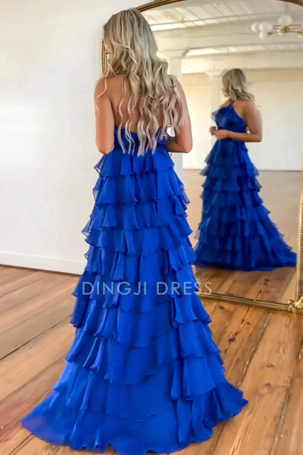 DingJiDress Cute A-Line Halter Neck Long Tiered with Slit Elegant Prom Dress