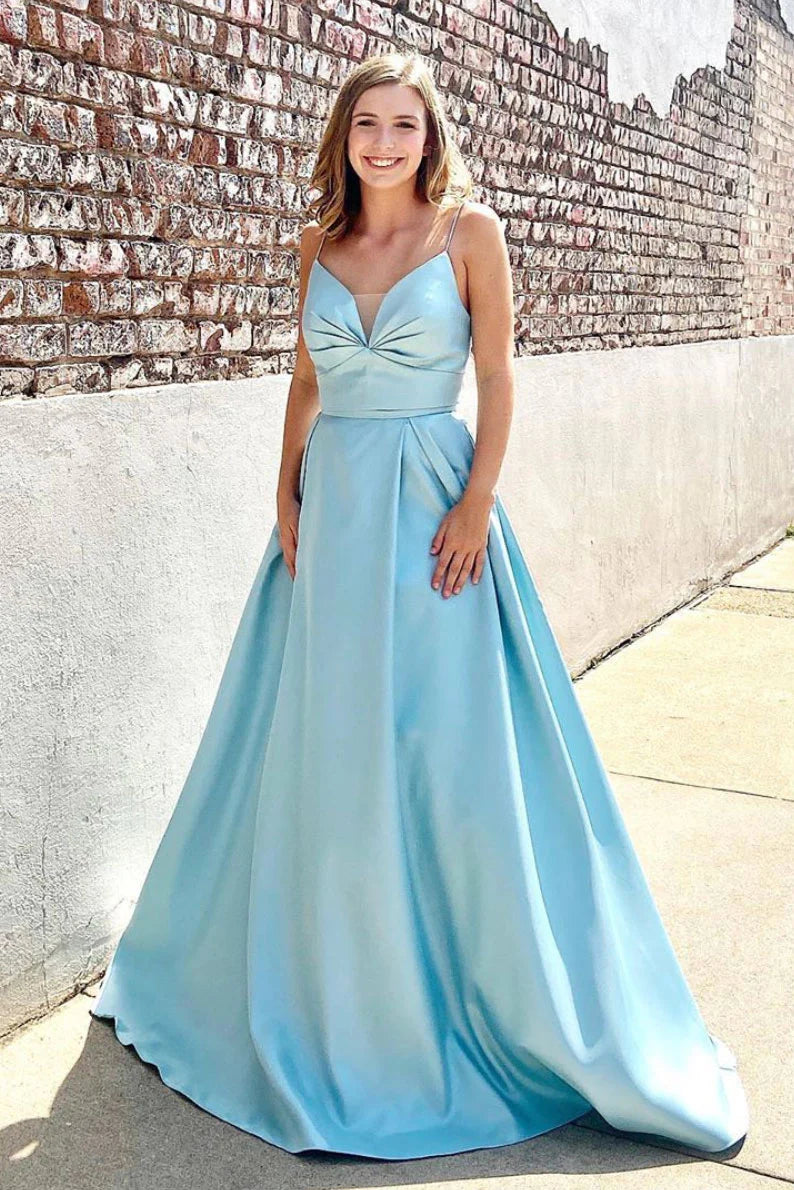 Blue v neck satin long prom dress blue long evening dress