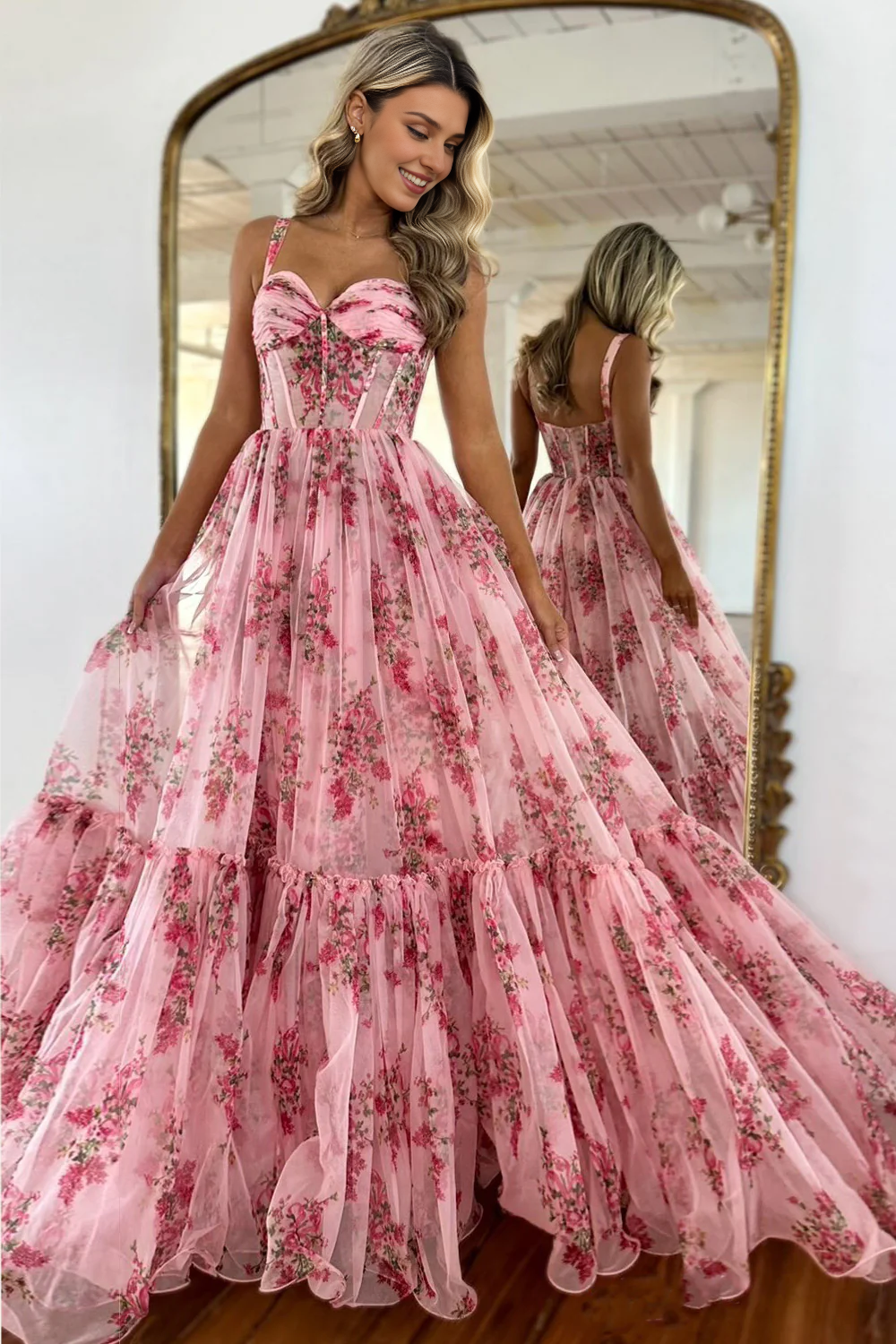 DingJiDress Romantic A-Line Spaghetti Straps Long Retro Print Tulle Elegant Prom Dress