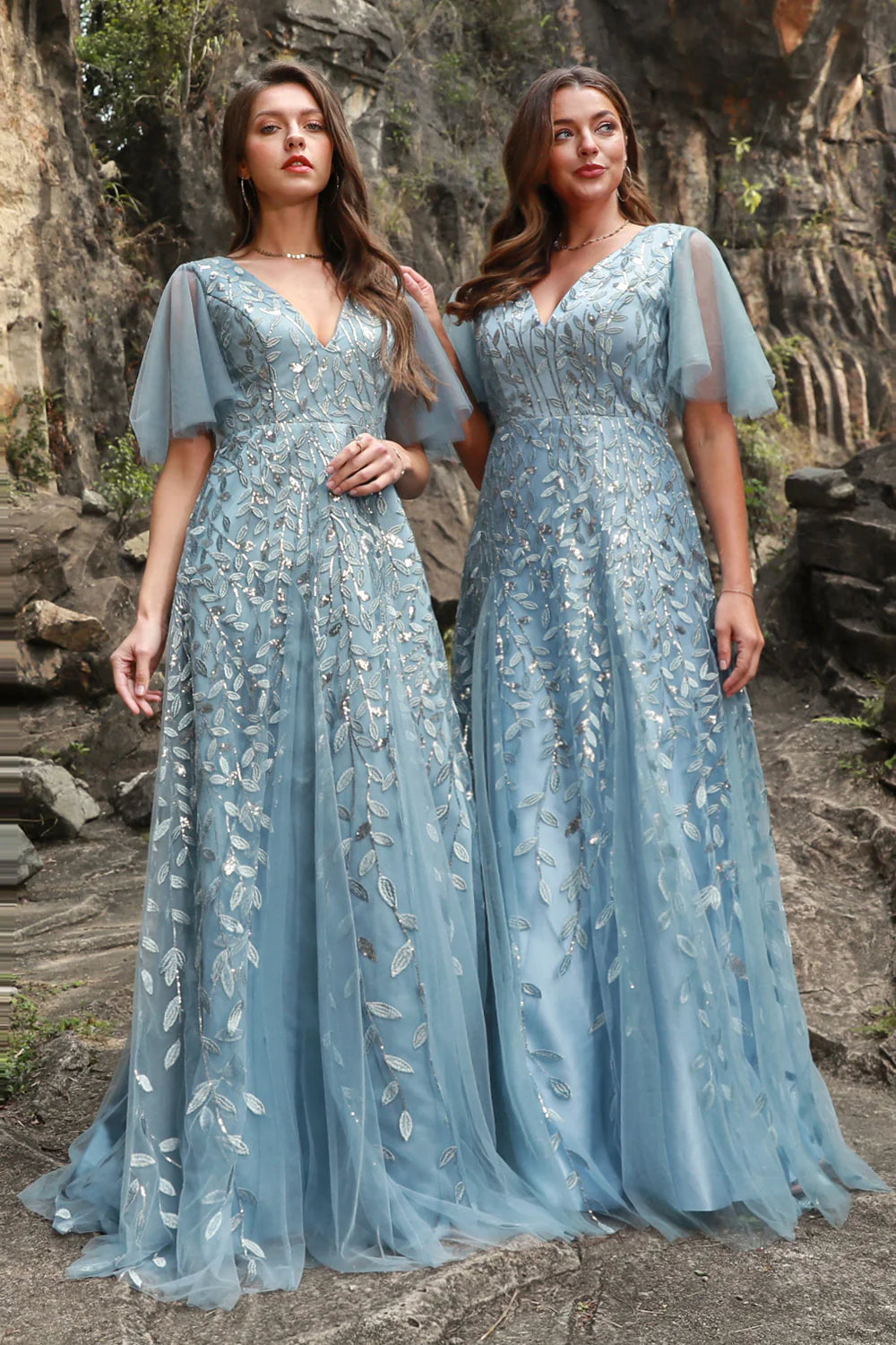 Grey blue long V-neck chiffon sleeve ball gown