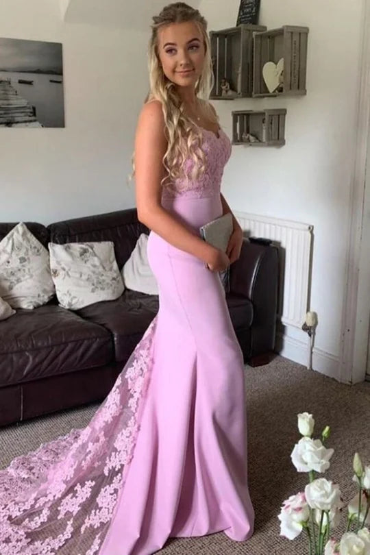 Spaghetti Straps V-Neck Appliques Mermaid Formal Prom Dress