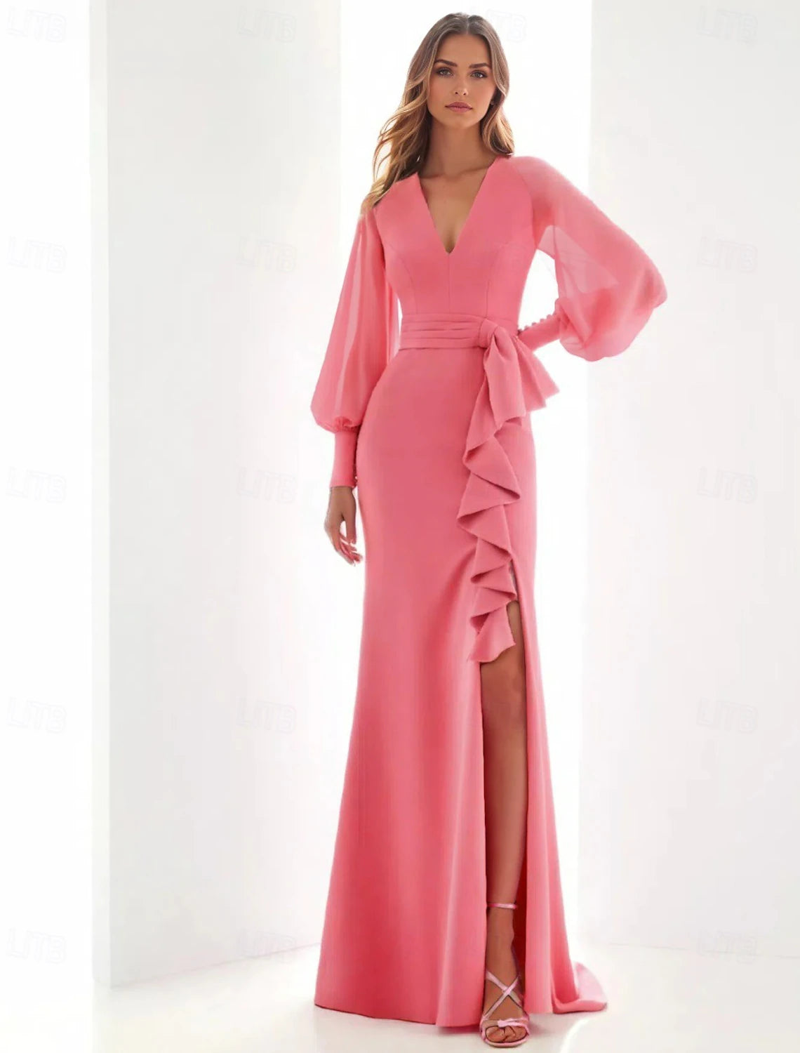 Pink A-Line Evening Gown Elegant Dress Formal Floor Length Long Sleeve V Neck Chiffon with Ruffles Slit Butterfly