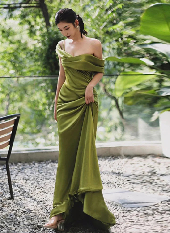 Green Soft Satin Long Party DressGreen Satin Evening Dress Prom Dress