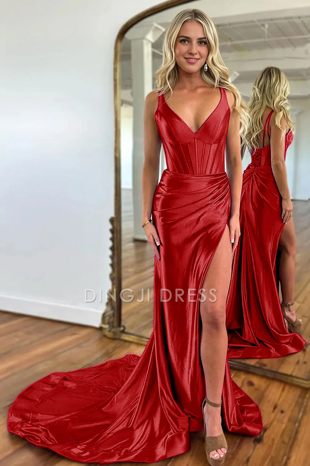 DingJiDress Mermaid V-Neck Satin Long Split Sweep Train Elegant Prom Dress