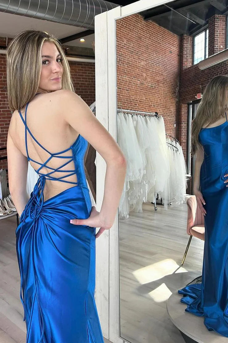 Royal Blue Scoop Neck Satin Mermaid Long Prom Dress