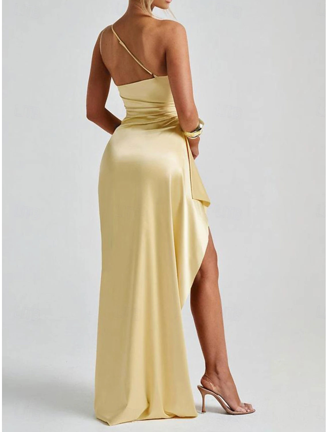 Yellow Mermaid Trumpet Party Dresses Elegant Dress Wedding Wedding Guest Floor Length Sleeveless One Shoulder Satin with Ruched Details
