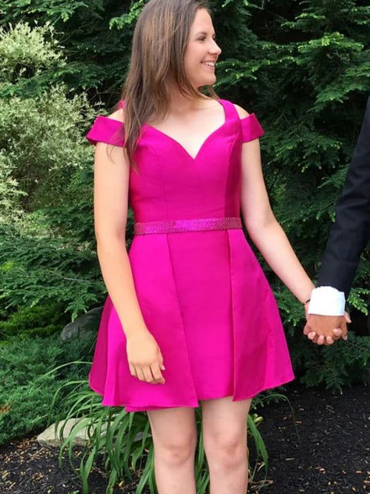 Simple Off Shoulder Fuchsia Satin Short Prom Off Shoulder Fuchsia Formal Graduation Homecoming