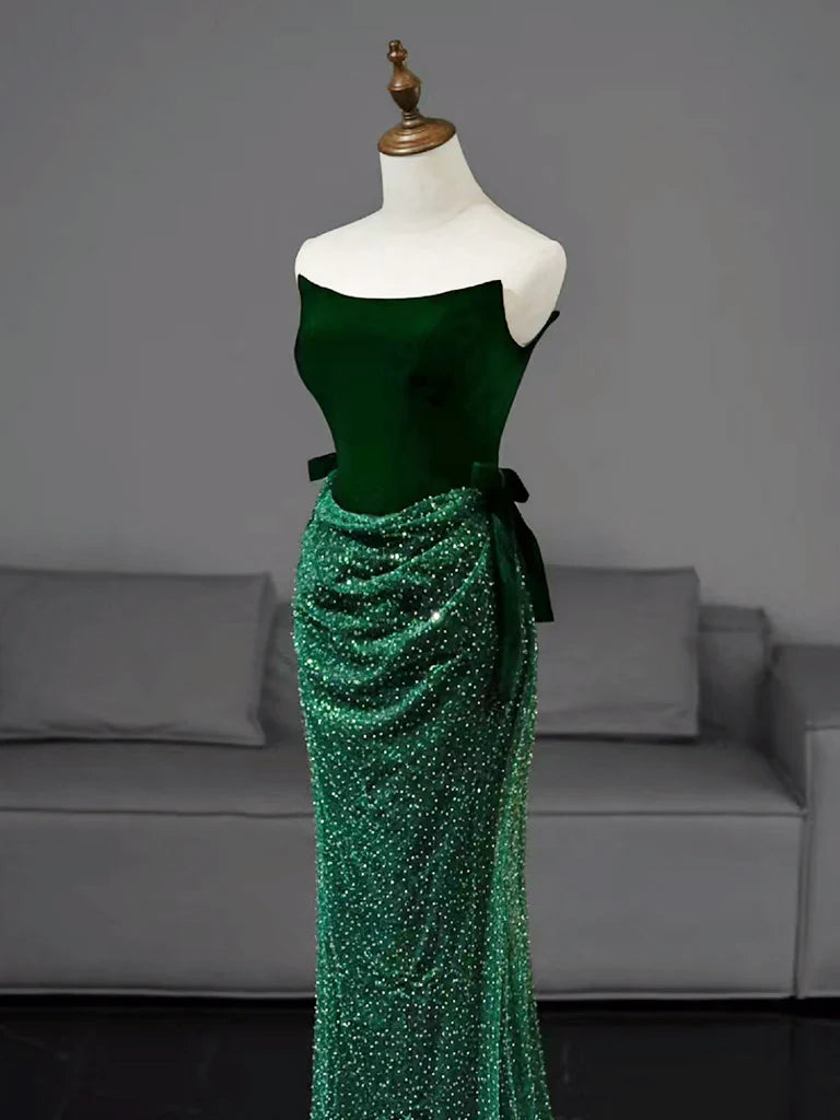 Mermaid Tulle Velvet Green Long Prom Dress  Green Long Formal Dress