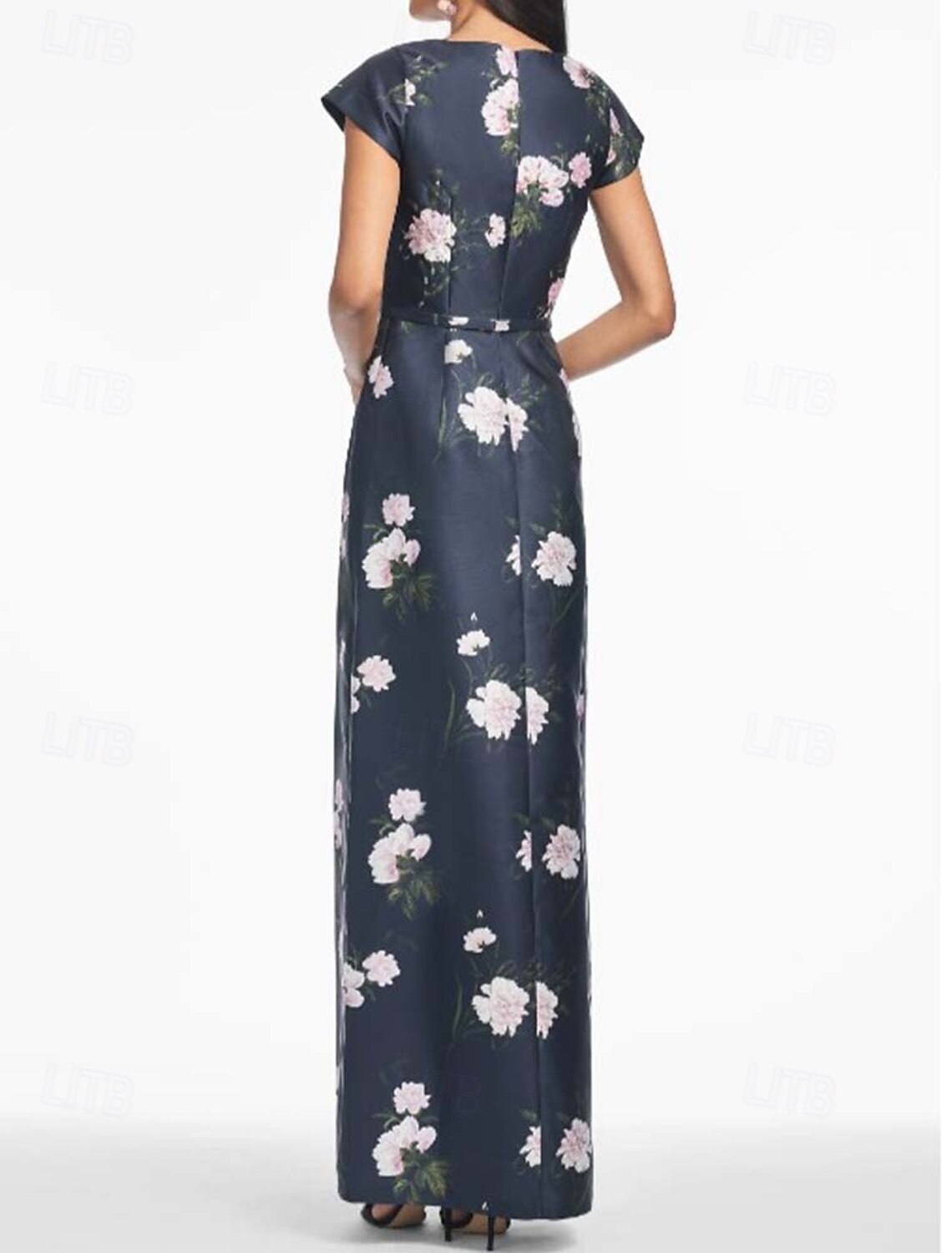 Sheath Column Evening Gown Elegant Dress Formal Evening Party Floor Length Short Sleeve V Neck Belt / Sash Satin with Floral Prin