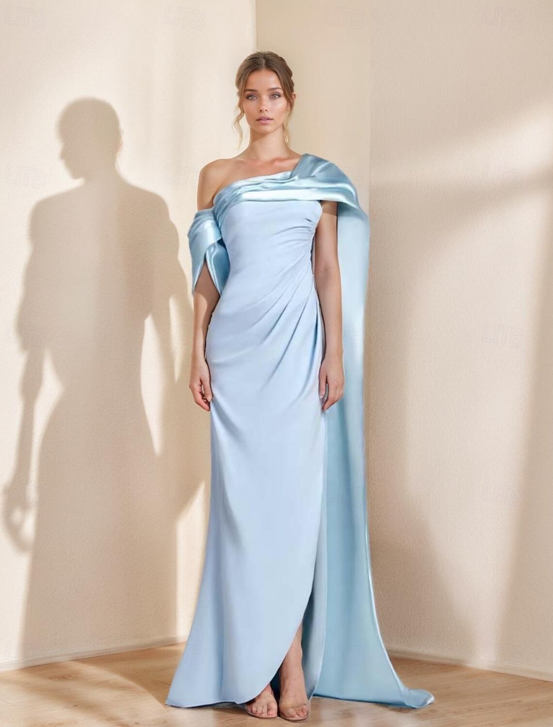 Sheath / Column Evening Gown Elegant Drapped Dress Formal Performance Floor Length Sleeveless Off Shoulder Stretch Crepe with Pleats