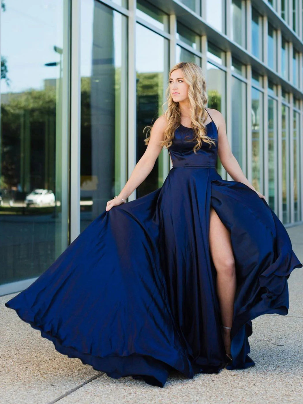 Simple blue satin long prom dress blue backless evening dress