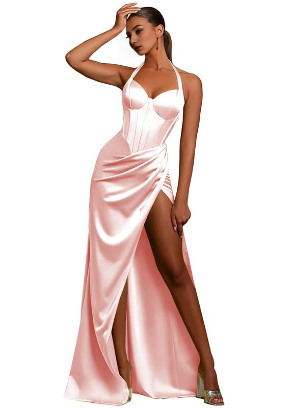 DingJiDress Prom Dresses Mermaid Halter Evening Party Dresses Ruched Formal Gown Side Fork Formal Wear Dresses Wedding Guest Dresses