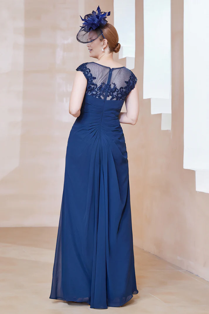 DingJiDress November December Autumn Winter Wedding Guest Dress Lace Illusion Neck Chiffon Dress With Slit Mother of the Groom / Bride Dresses