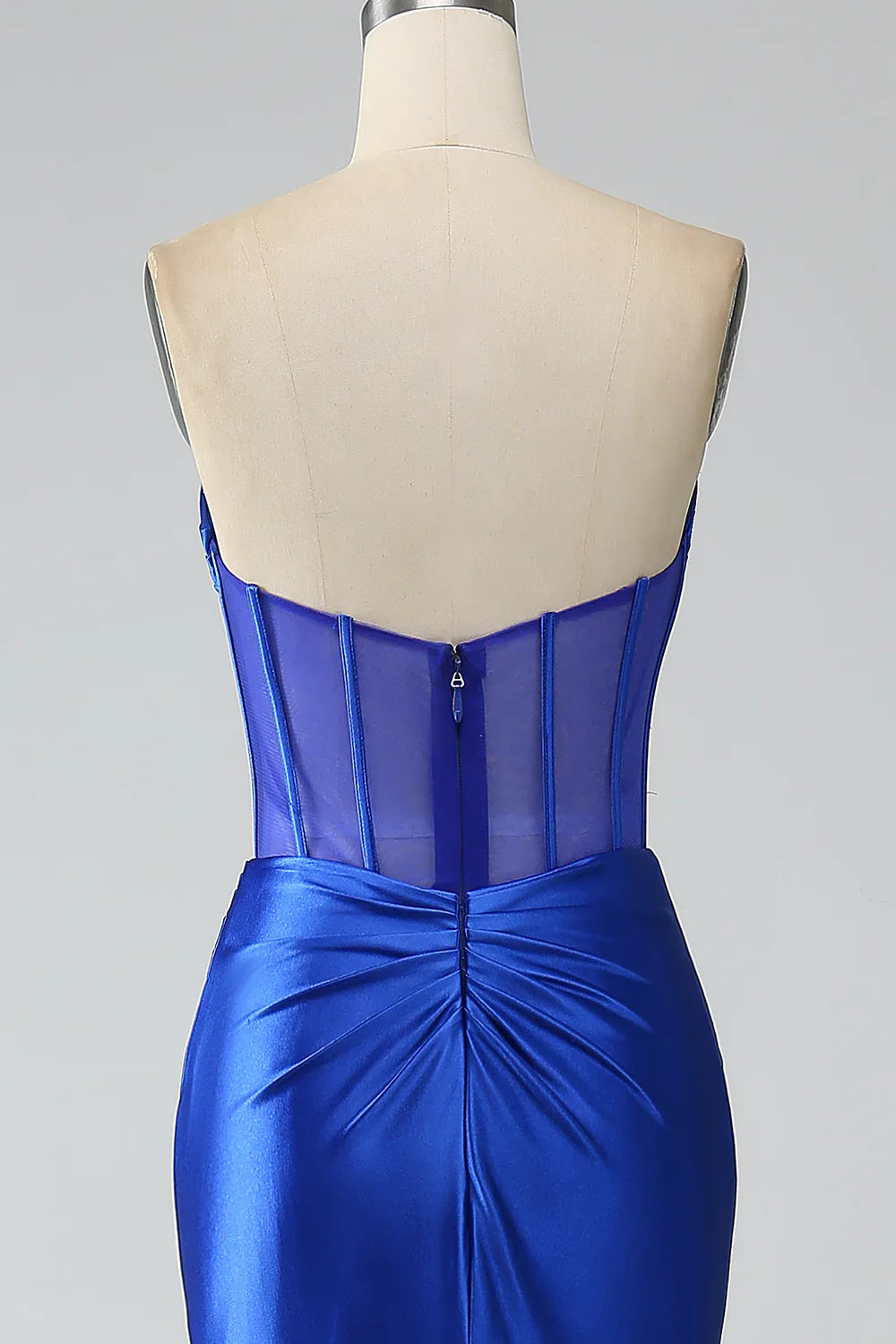 DingJiDress Royal Blue Mermaid Strapless Pleated Corset Long Prom Dress with Slit