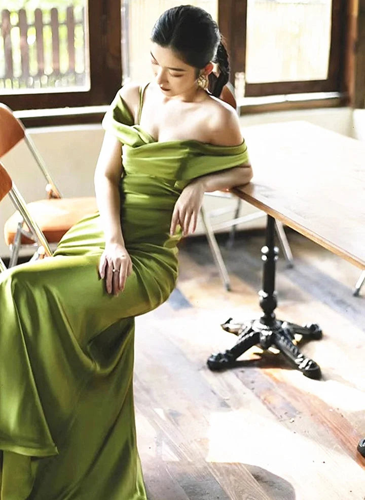 Green Soft Satin Long Party DressGreen Satin Evening Dress Prom Dress