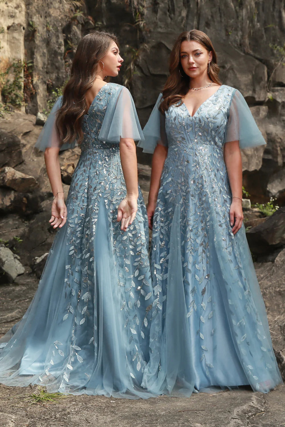 Grey blue long V-neck chiffon sleeve ball gown