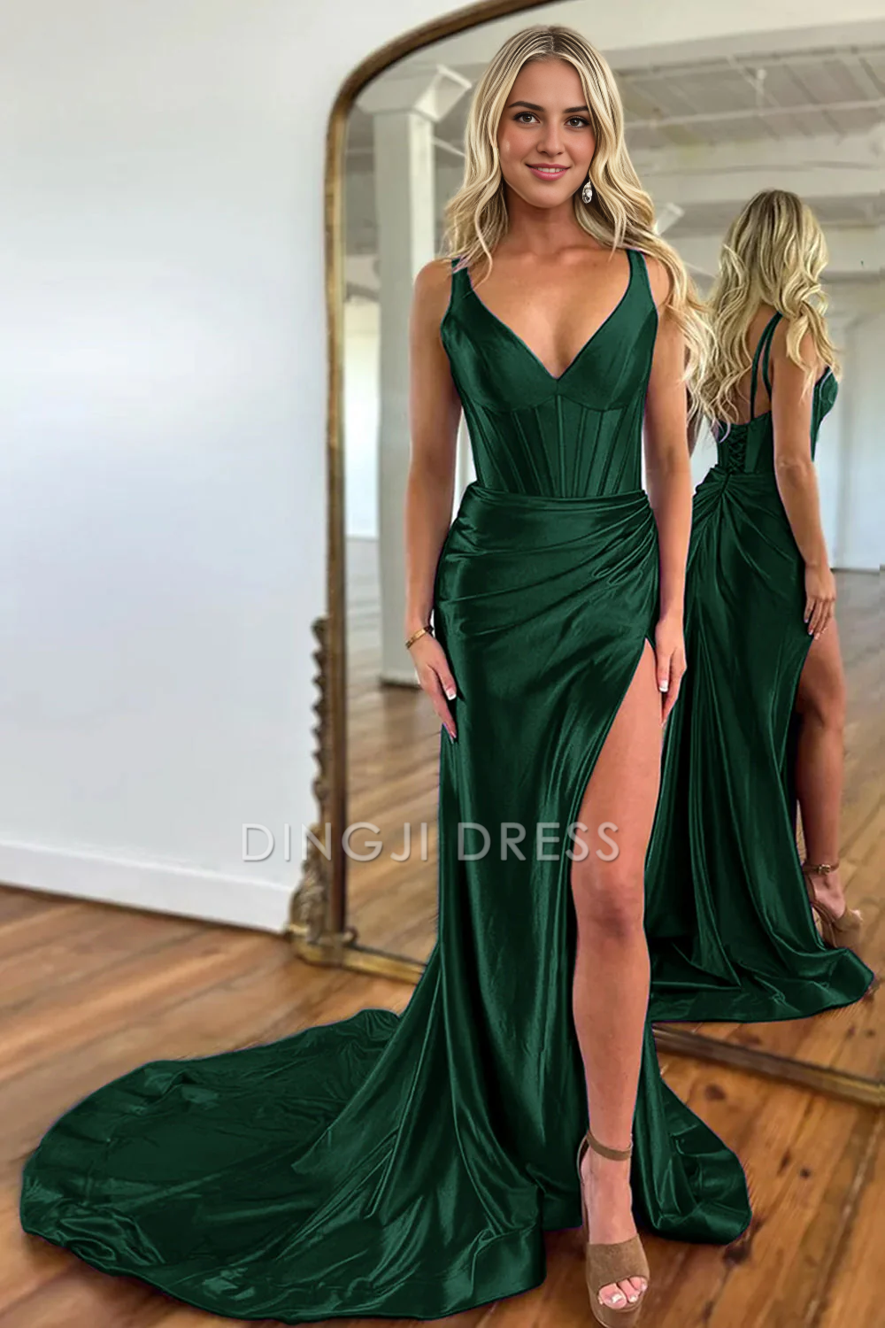 DingJiDress Mermaid V-Neck Satin Long Split Sweep Train Elegant Prom Dress