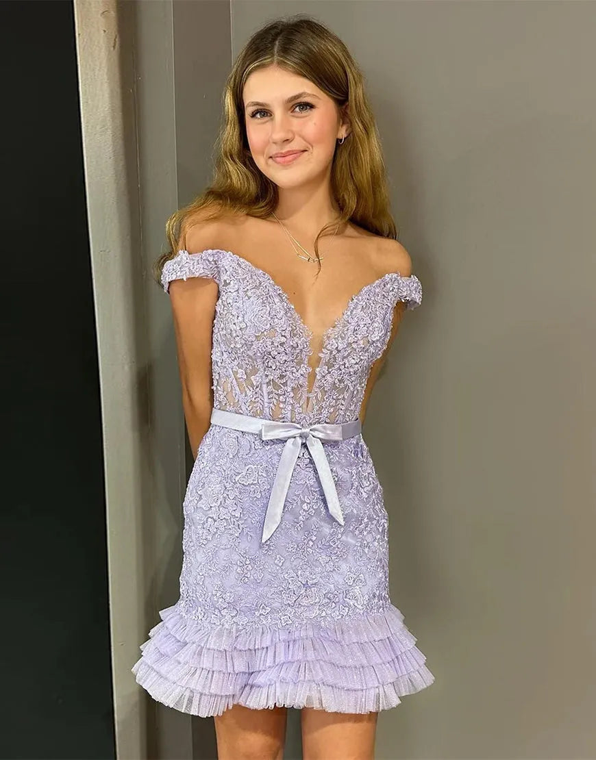 Light purple short off shoulder tight lace waist back to school party dress