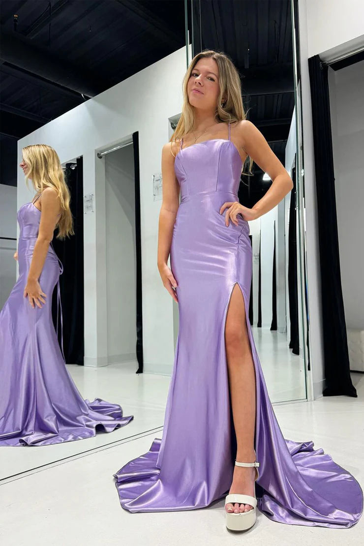Simple mermaid spaghetti strap, light purple satin dance dress slit