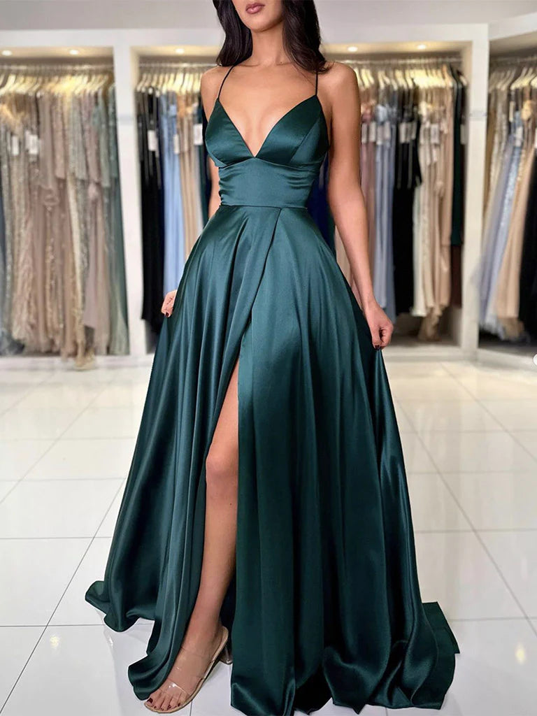 A-Line V Neck Dark Green Satin Long Prom Dress Dark Green Evening Dress