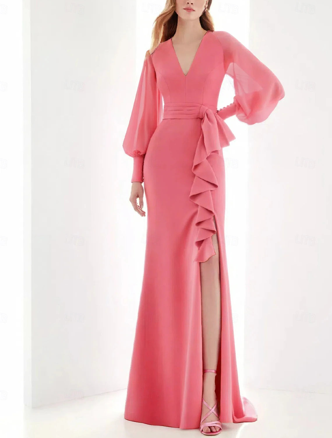 Pink A-Line Evening Gown Elegant Dress Formal Floor Length Long Sleeve V Neck Chiffon with Ruffles Slit Butterfly