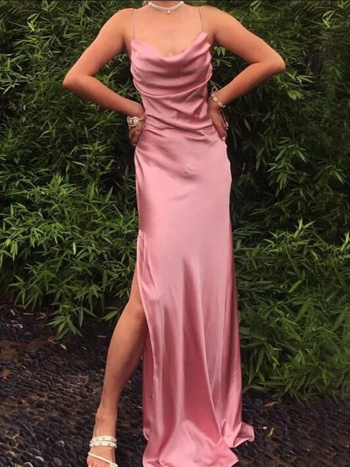 Pink Straps Soft Satin Long A-Line Party Dress Pink Satin Prom Dress Evening Dress