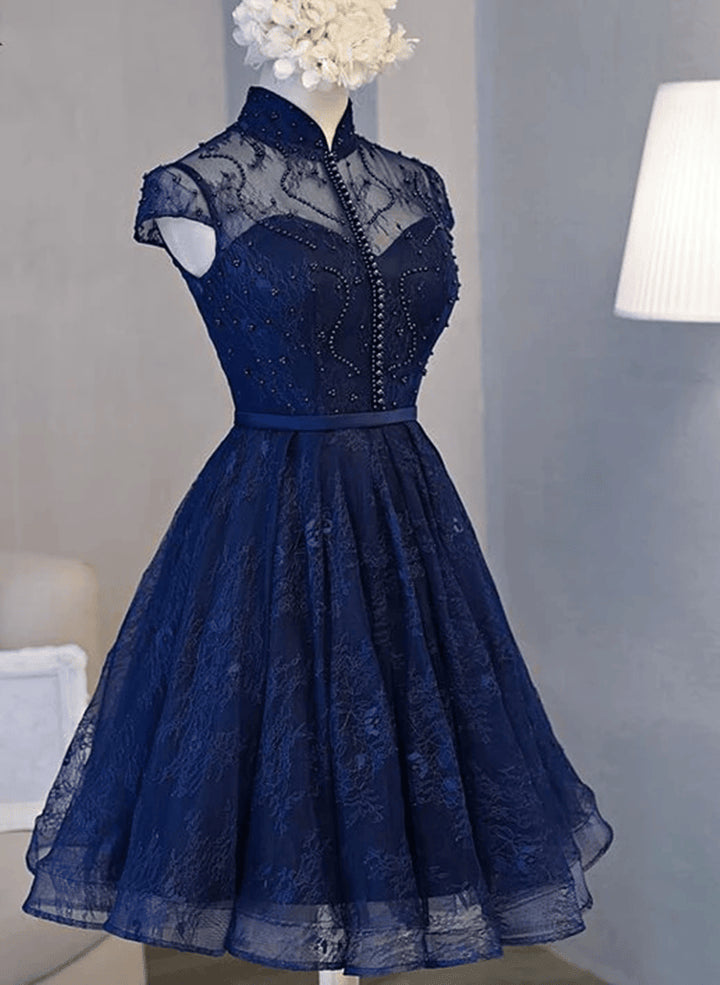 Navy Blue Lace Short Sleeve Knee-Length Homecoming DressNavy Blue Prom Dress