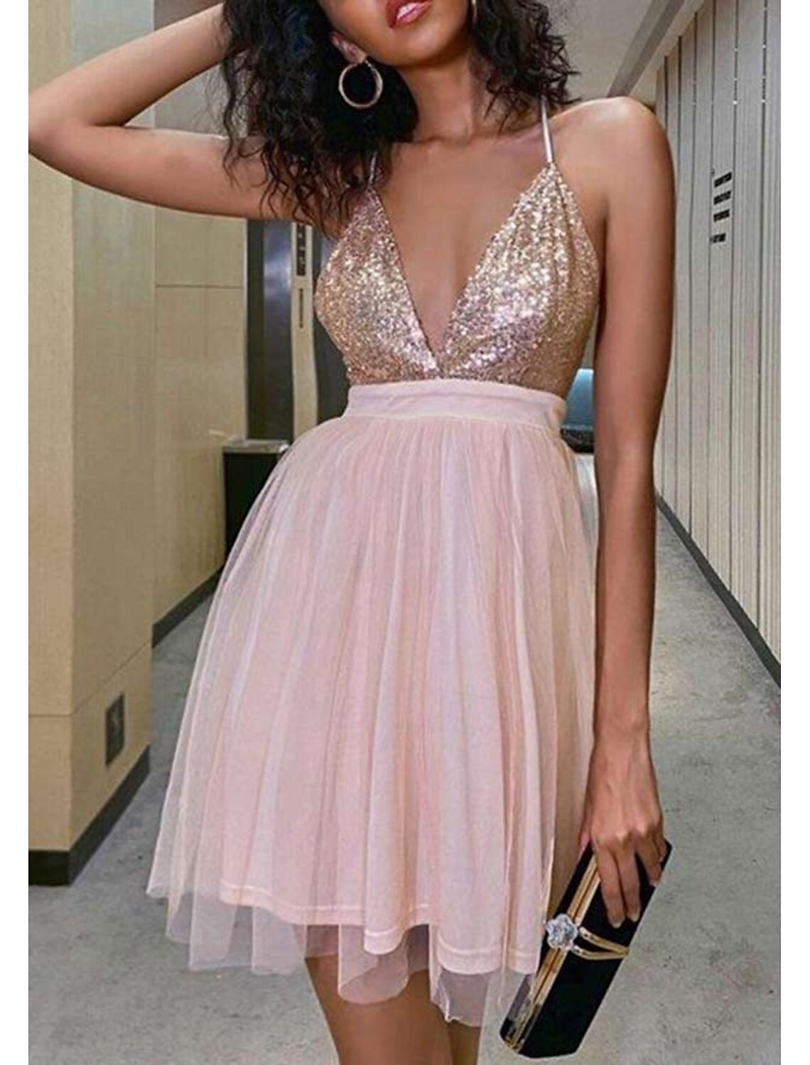 A-Line Homecoming Dresses Sparkle & Shine Dress Homecoming Graduation Short Mini Sleeveless V Neck Belt / Sash Spandex Backless with Glitter Criss Cross Sequin