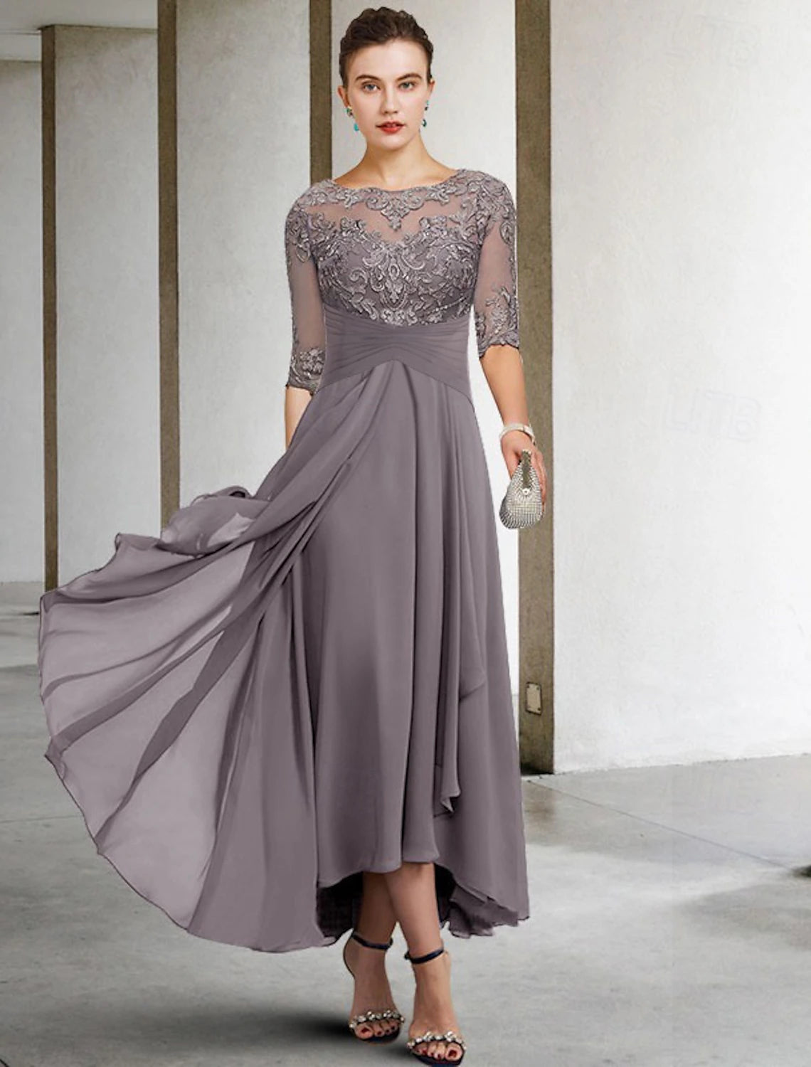 A-Line Mother of the Bride Dress Wedding Guest Elegant Plus Size High Low V Neck Asymmetrical Ankle Length Chiffon Lace Half Sleeve with Beading Appliques