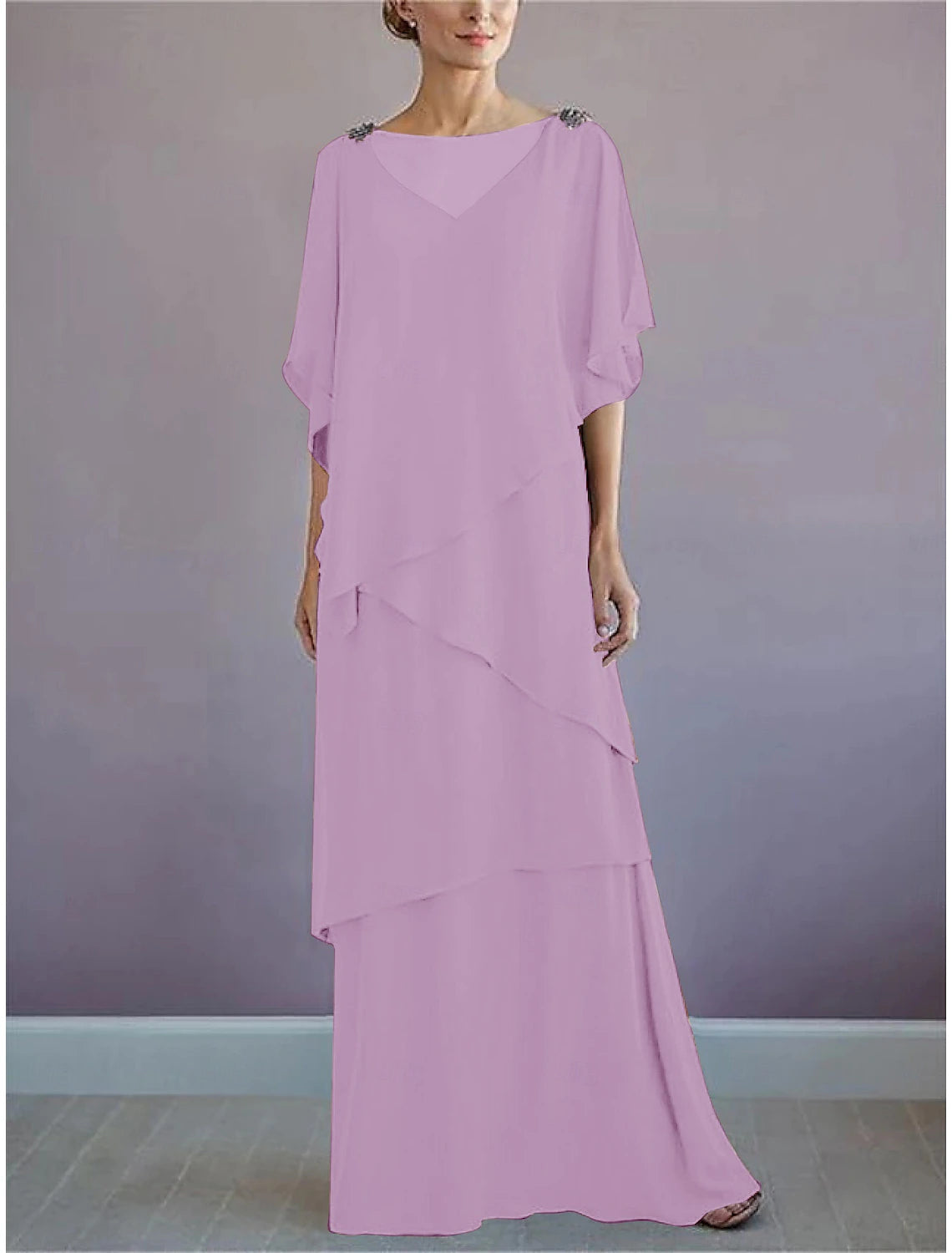 Beach Wedding A-Line Mother of the Bride Dress Formal Wedding Guest Elegant Bateau Neck Floor Length Chiffon Half Sleeve with Ruffles Draping Tier