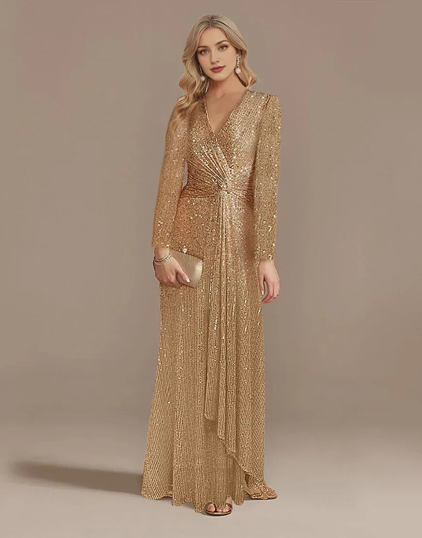 Glitter Navy Mother of the Bride Dress with Long Sleeves