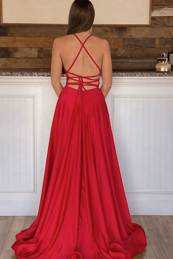 Red V Neck Backless Satin Long Prom Dress with High Slit V Neck Red Evening Dress