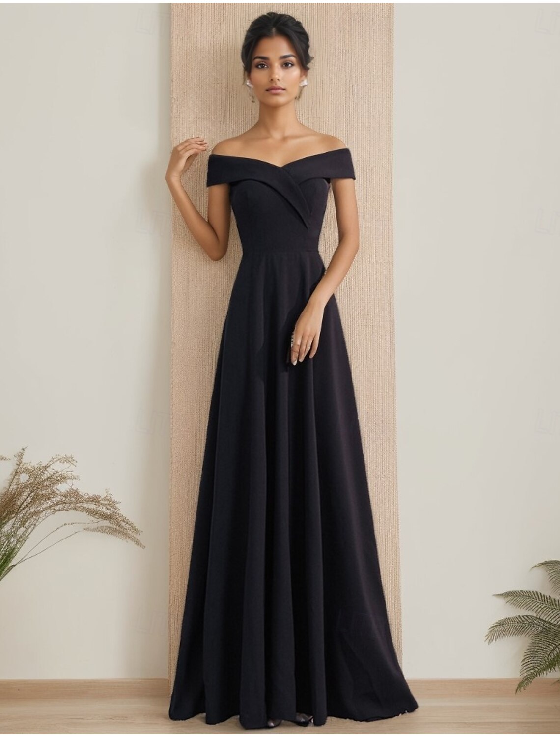 A-Line Evening Gown Elegant Dress Formal Wedding Floor Length 3/4 Length Sleeve Off Shoulder Sequined with Criss Cross