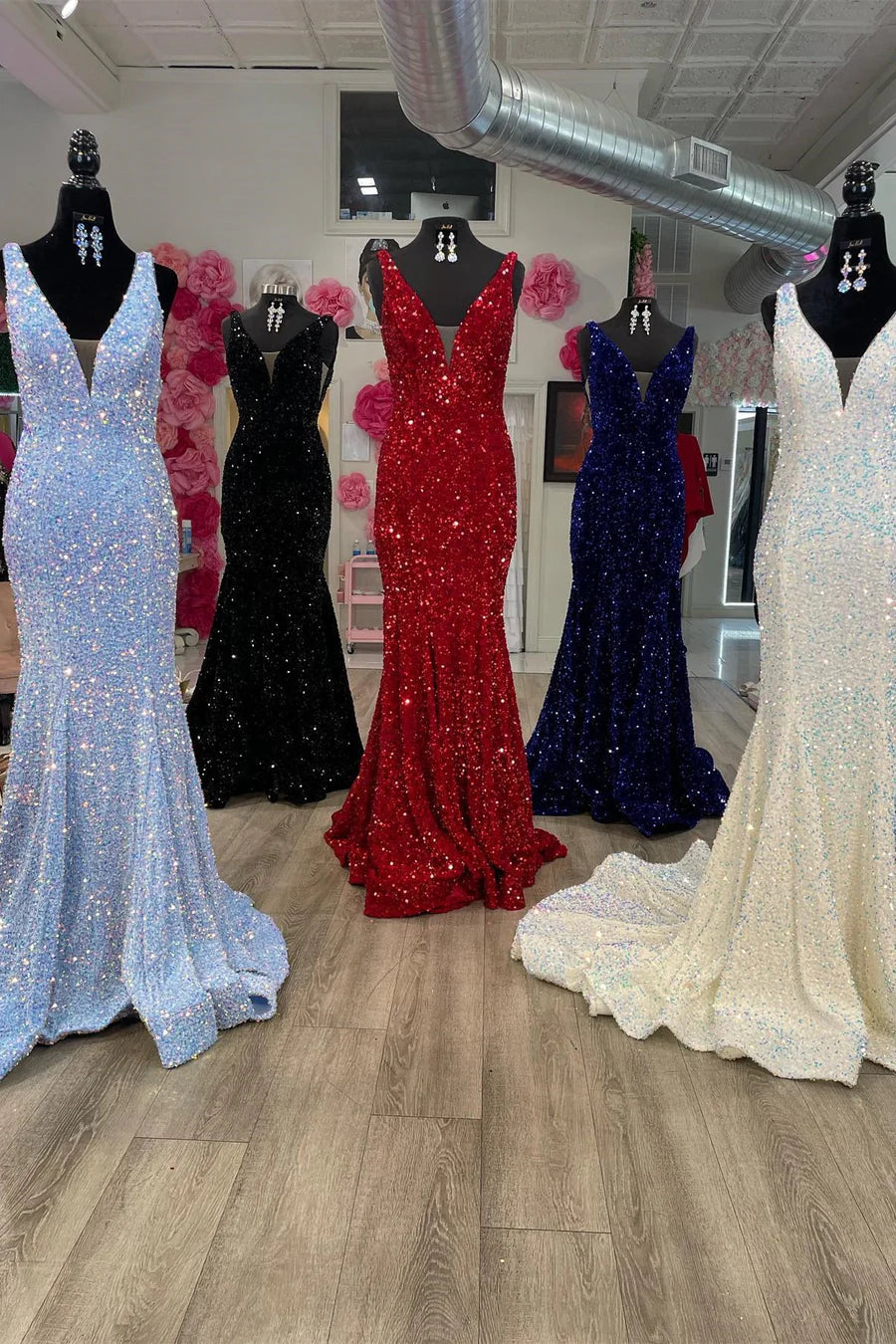 Glitter Plunge Pink Sequin Trumpet Long Formal Dress