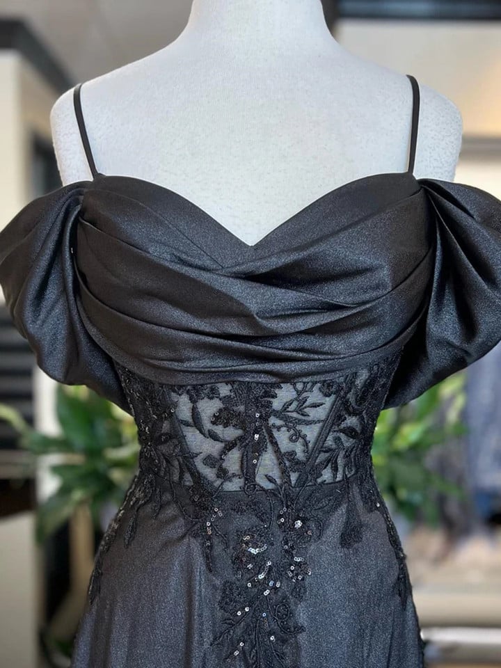 Black Satin Off Shoulder Long Party Dress Black Satin with Lace Prom Dress