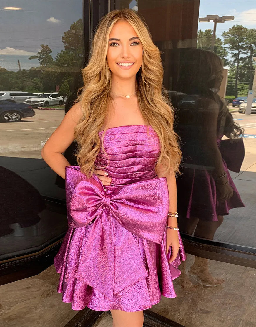 Purple sequin short strapless A-line big bow party dress