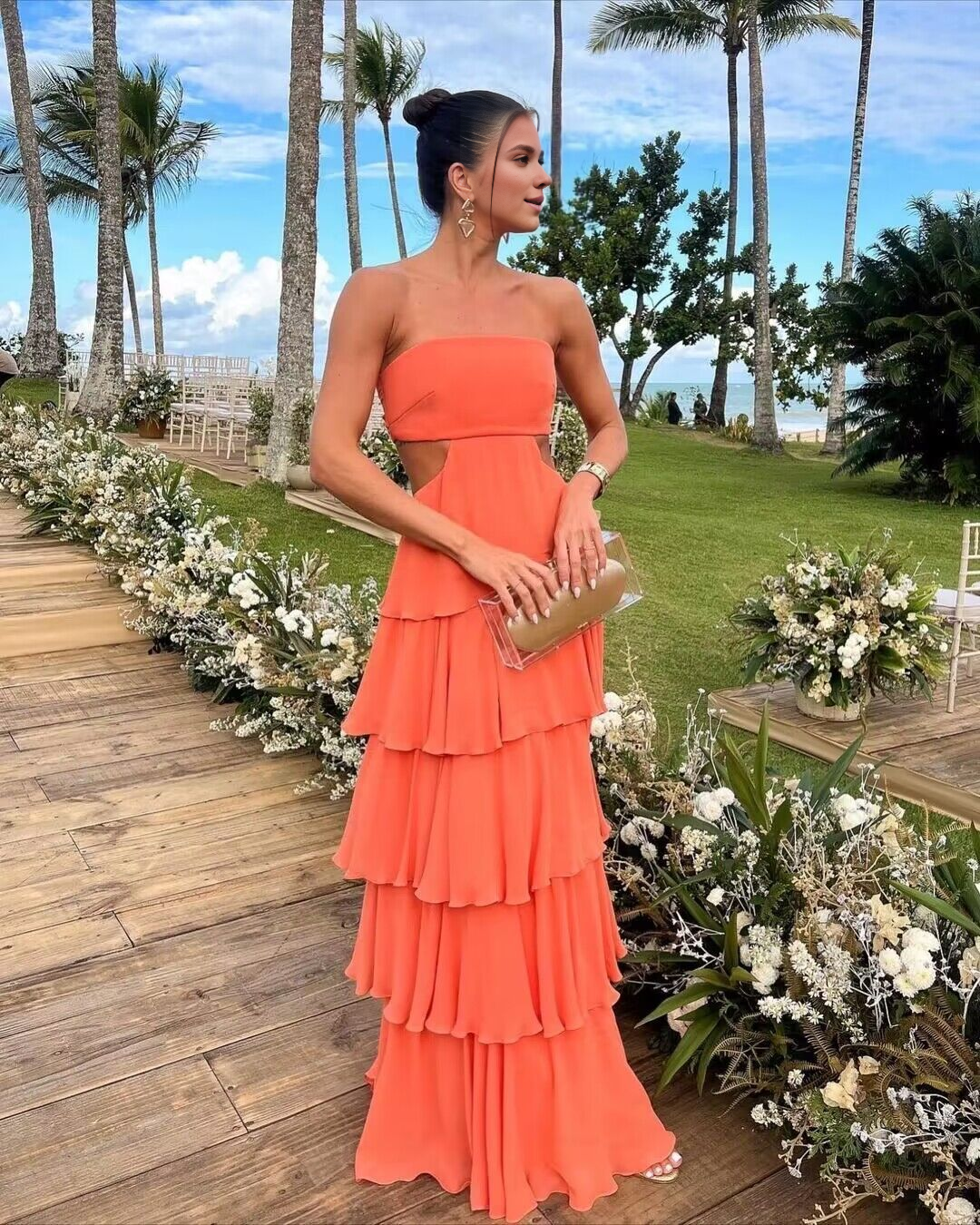 DingJiDress Strapless Sleeveless Chiffon Hollow Out Ruched Layering Elegant High Quality Prom Dress