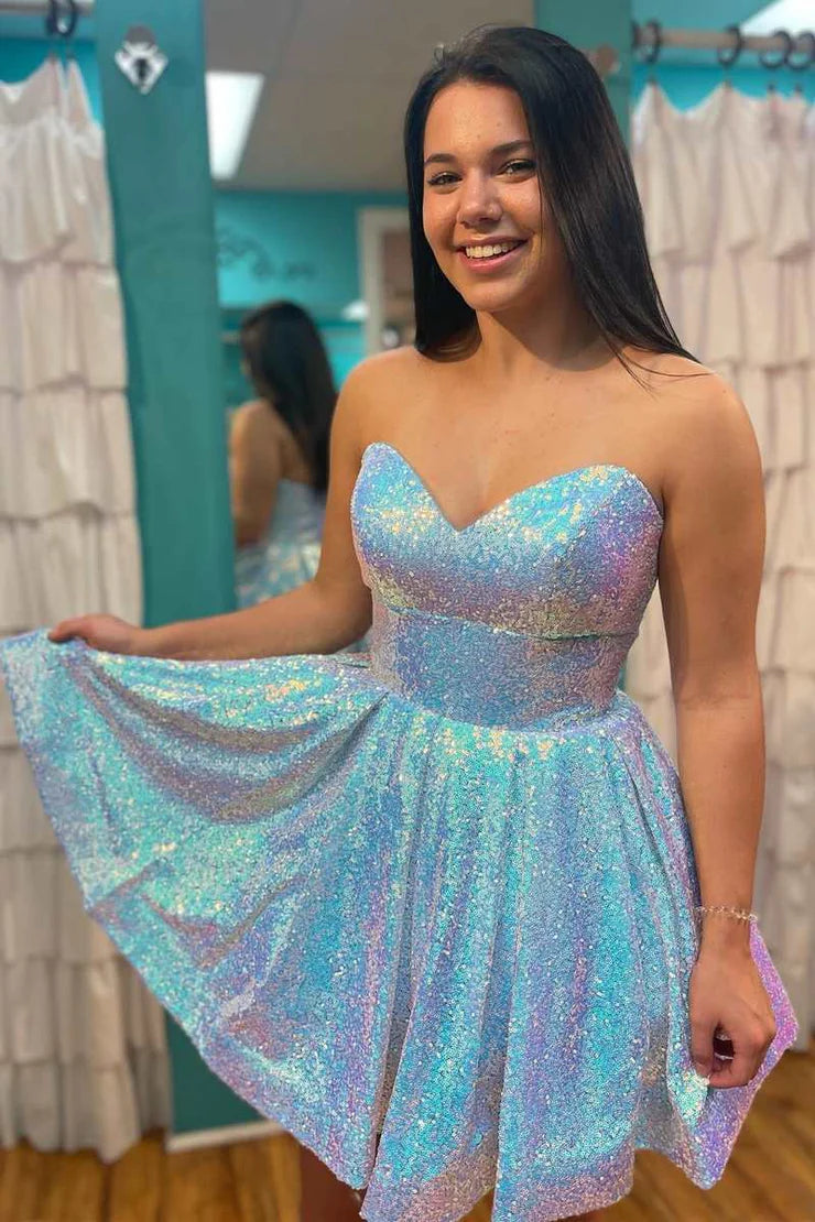 A Line Sweetheart Light Blue Sequins Short Homecoming Dresses