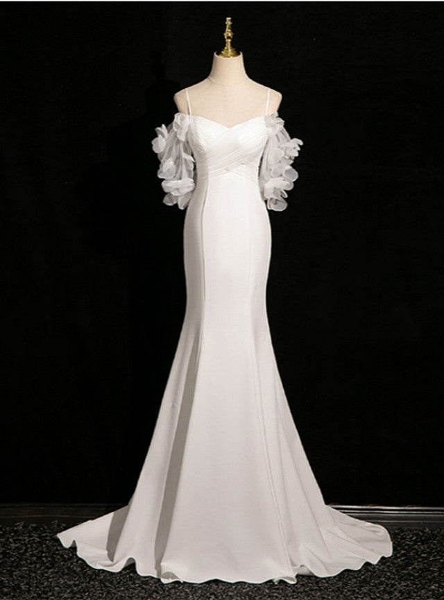 White Mermaid Spaghetti Straps Pleats Prom Dress