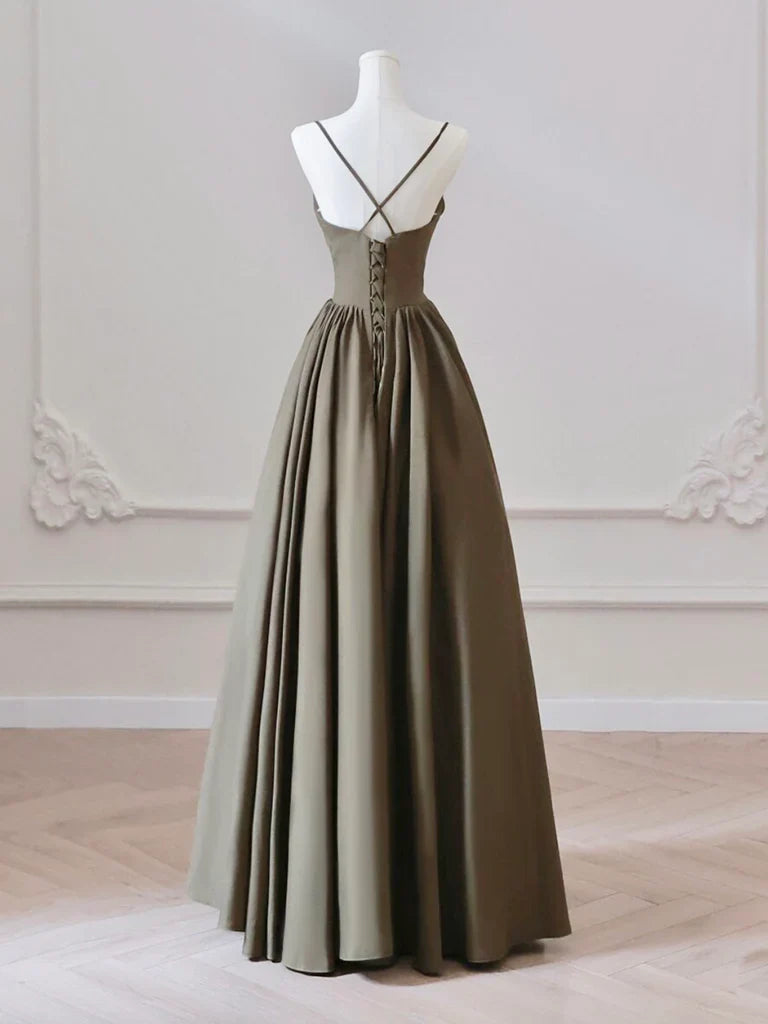 Elegant V-neck satin olive green long ball gown