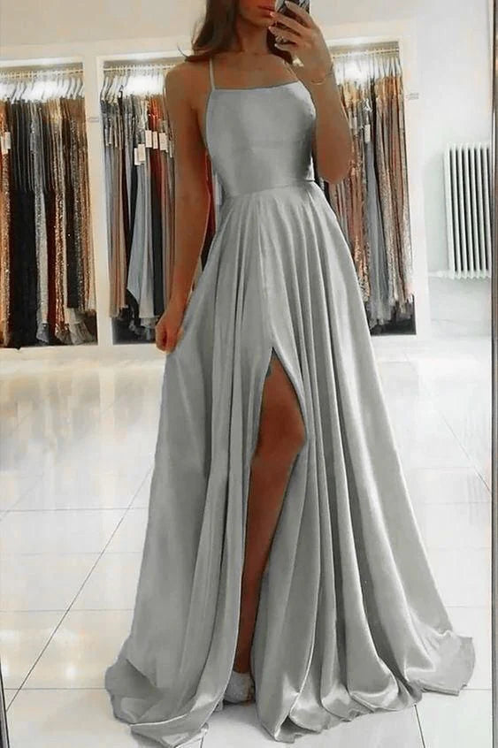 Simple satin long slit ballroom dress and evening gown
