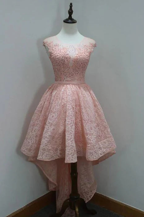 High Low Round Neck Sleeveless Homecoming A Line Lace Party Dress