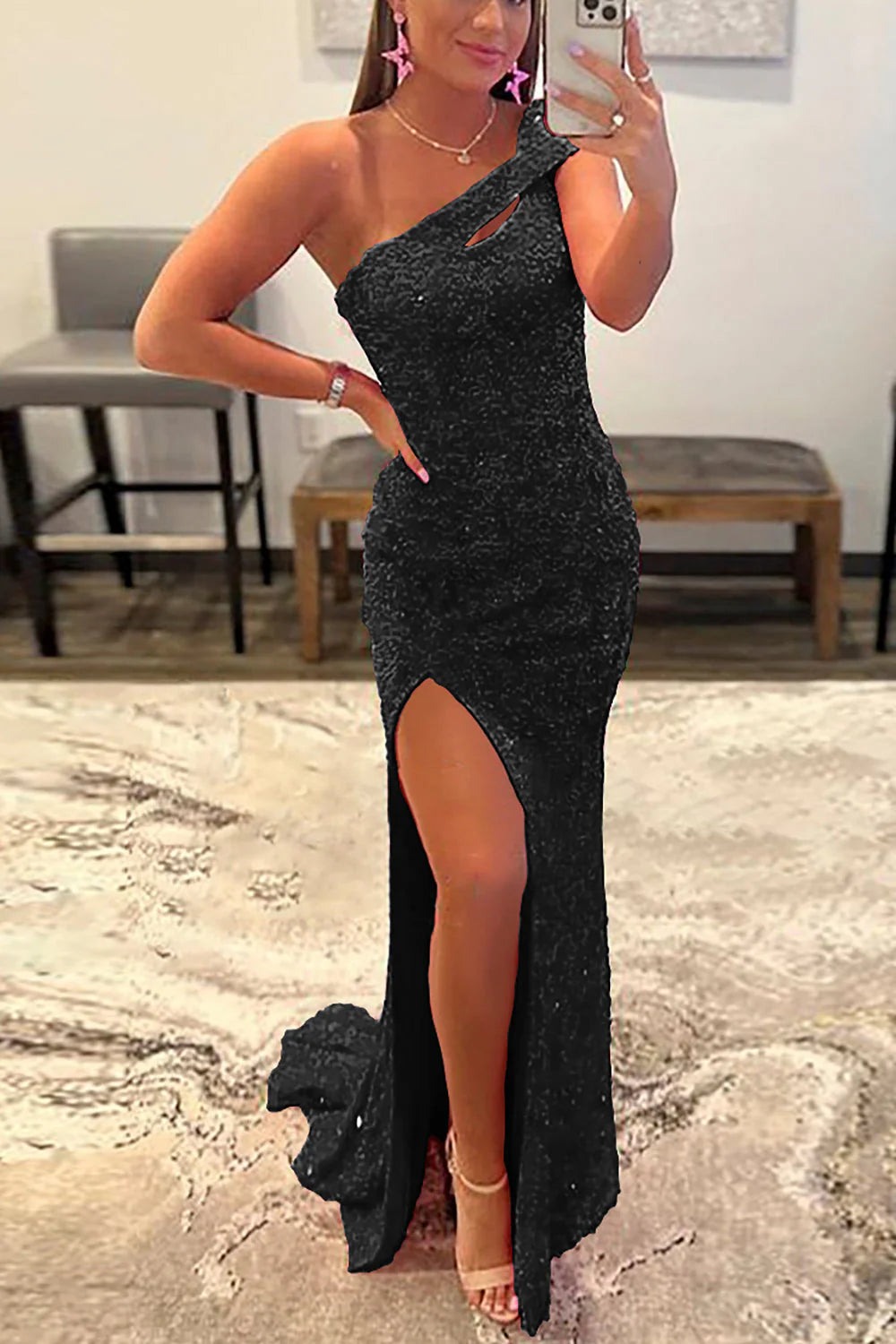 Pink long shoulder slit sequin dance dress
