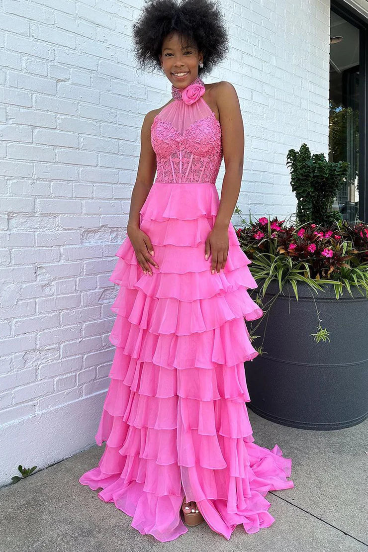 Glamorous Pink A-Line Halter Neck Sleeveless flounce Back Zip  Floor-Length Prom Dress