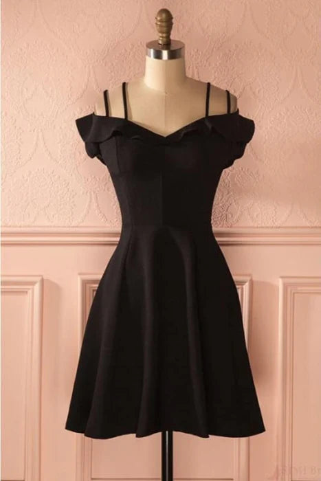 Simple Strap Black Short Satin Graduation Dresses A Line Ruched Homecoming Dress