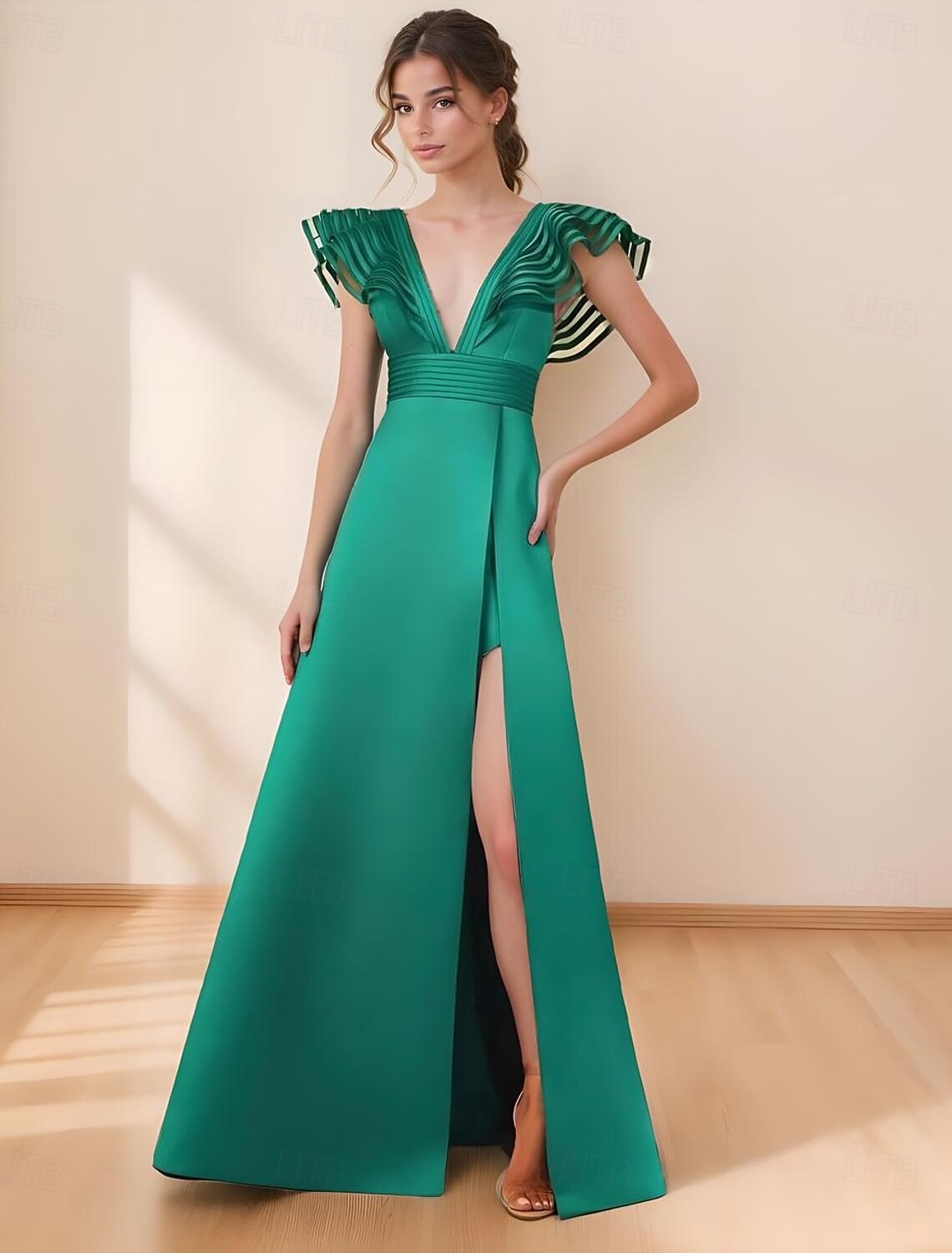 A-Line Evening Gown Elegant Dress Formal Evening Party Floor Length Sleeveless V Neck Belt / Sash Satin with Slit
